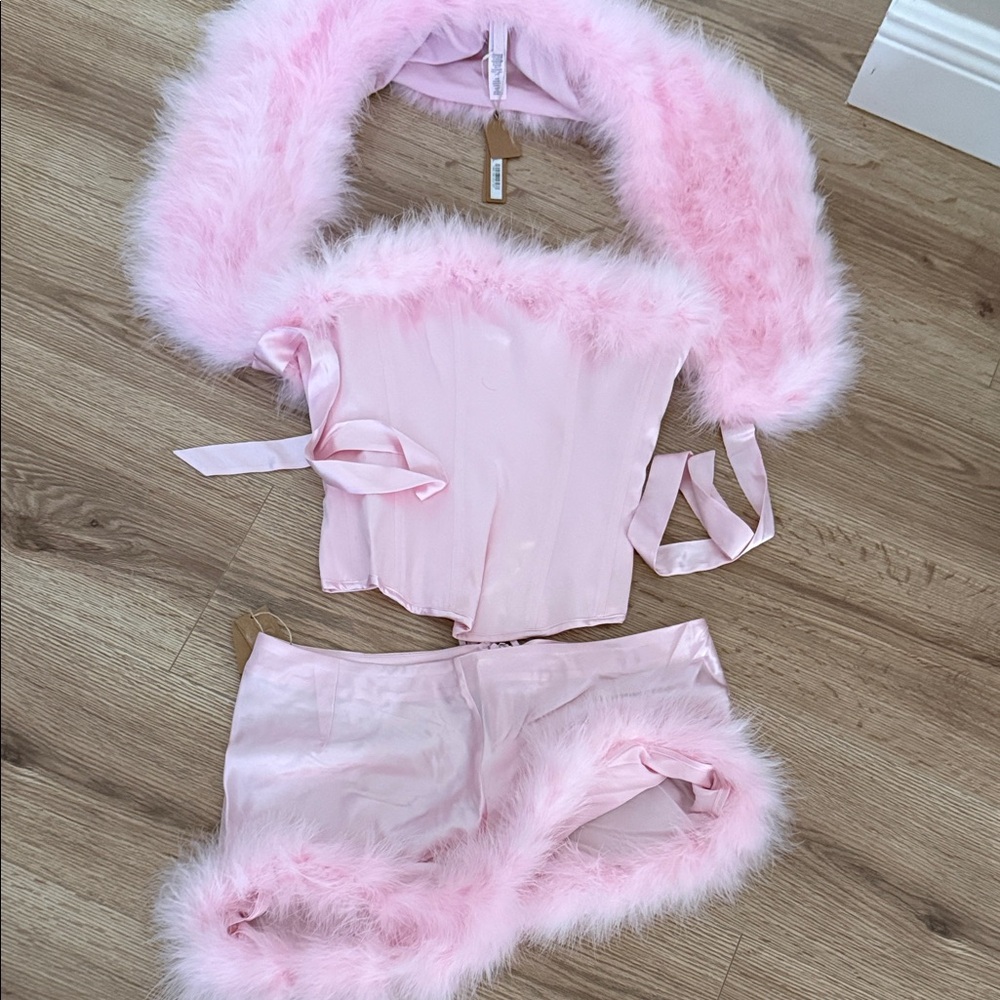 SKIMS Pink Satin Marabou Trim Bustier Set - Picture 5 of 8
